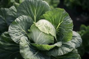 Kohl wachsend im ein städtisch Garten. Kohl Blätter und Kopf schließen hoch. generativ ai foto