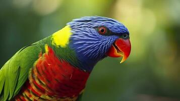 Seite Aussicht Nahansicht von schön und bunt Lorikeet Grün geschlafen Vogel. generativ ai foto