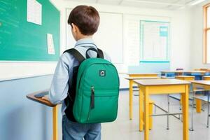 zurück Aussicht von ein Schüler mit ein Rucksack Stehen im das Klassenzimmer. Profi Foto