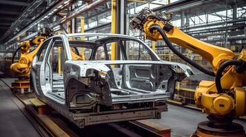 Automatisierung im Aktion, das Robotik Werkstatt zum Auto Rahmen und Körper Produktion im das Automobil Industrie. generativ ai foto