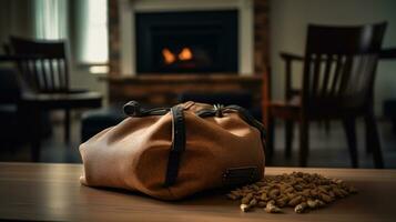 Tasche mit Holz Pellets und Brennholz im Leben Zimmer, generativ ai foto