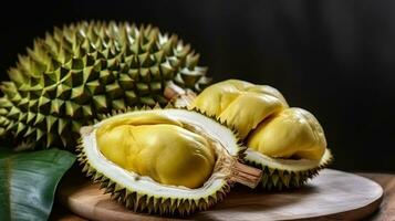 Durian Obst auf ein hölzern Planke, im das Stil von Fokus stapeln, dunkel Beige und Bernstein, kreativ Commons Zuschreibung. generativ ai foto