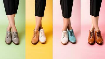 jung Frauen im stilvoll Schuhe auf Farbe Hintergrund. generativ ai foto