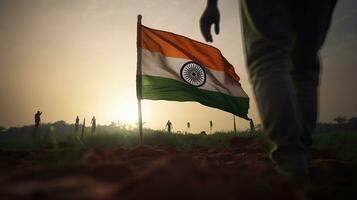 Indien Flagge Sein geschoben in das Boden durch ein männlich Silhouette. generativ ai foto