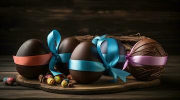 Schokolade Ostern Eier mit Farbe Band Bögen auf hölzern Hintergrund, ai generativ foto