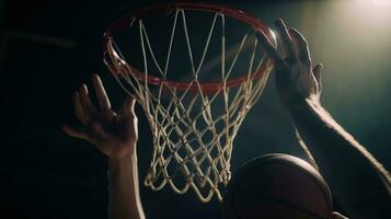 Straße Basketball zuschlagen Dunk Wettbewerb. schließen oben von Ball fallen in das Band. städtisch Jugend Spiel. foto