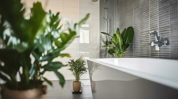 eingetopft Pflanze platziert in der Nähe von Badewanne und Glas Dusche Kabine im sonnendurchflutet modern Badezimmer beim heim, generativ ai foto