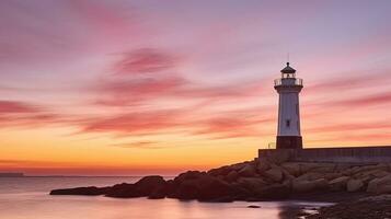 Abend Himmel und Farben um Meer und Leuchtturm, generativ ai foto