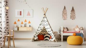 ein spielerisch Kinder Schlafzimmer mit gemustert Zelt, Schemel, und mit Plakaten geschmückt Wände. generativ ai foto
