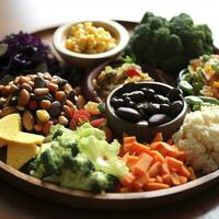 Vegetarier Mittagessen auf hölzern Teller mit Vielfalt. ai generativ foto