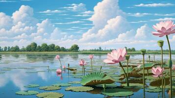 Brise Blau Himmel Weiß Wolken Teich Lotus Blume Fotografie ai generiert Bild foto