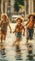 ein Gruppe von Kinder spielen im ein Brunnen auf ein heiß Sommer- Tag Lachen und planschen jeder andere ai generiert Bild foto