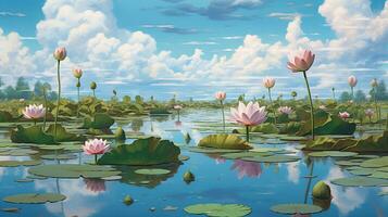 Brise Blau Himmel Weiß Wolken Teich Lotus Blume Fotografie ai generiert Bild foto