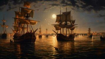 ein alt Öl Gemälde von 100 Pirat Schiffe Flotte von ai generiert Bild foto
