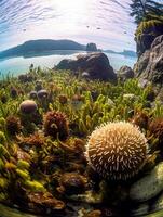 ein Aquarium zeigen Meer Seeigel und Meer Grüner Salat ai generiert Bild foto