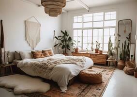 sauber Weiß Mauer hinter Bett und Möbel modern natürlich Licht Leben Zimmer ai generiert Bild foto