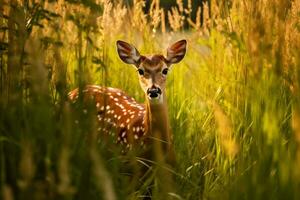 ein Hirsch ist Stehen im das hoch Gras das Sonne leuchtete auf Urwald ai generiert Bild foto