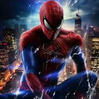 Andrew Garfield Spider Man im ein Aktion Szene mit Blau ai generiert Bild foto