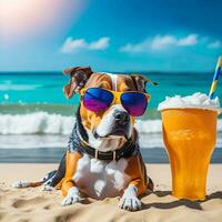 Hund Trinken Bier mit Sonnenbrille entspannend auf das Strand Hintergrund generativ ai foto