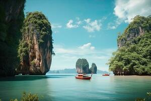 tropisch Insel beim Andaman Meer, krabi, Thailand, erstaunt Natur szenisch Landschaft James Bindung Insel mit ein Boot zum Reisender Phang nga Bucht, ai generiert foto