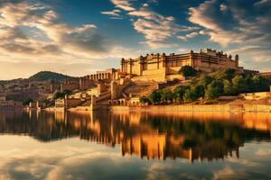 das Bernstein Fort im Jaipur, Rajasthan, Indien, Bernstein Fort und maota See, Jaipur, Rajasthan, Indien, ai generiert foto