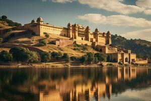 das Bernstein Fort im Jaipur, Rajasthan, Indien, Bernstein Fort und maota See, Jaipur, Rajasthan, Indien, ai generiert foto