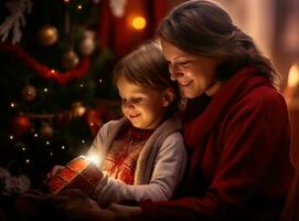 ein Mutter und Kind Sitzung durch das Weihnachten Baum genießen das Weihnachten Urlaub foto