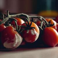 rot Tomaten auf ein Ast mit Schimmel und Pilz, auf das Küche Tisch. verdorben Gemüse, untauglich zum Lebensmittel. ai generativ foto