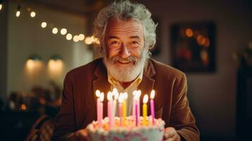 alt Mann mit Geburtstag Kuchen foto