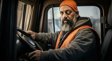 ein LKW Treiber ist Fahren ein LKW mit ein Orange Weste foto