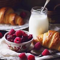 hausgemacht köstlich Himbeere Marmelade mit Croissant , Milch und Himbeere. selektiv Fokus. ai generativ foto