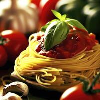 Spaghetti Soße mit Pasta, Basilikum Blätter, Knoblauch und frisch Tomaten mit extrem flach Tiefe von Feld. ai generativ foto