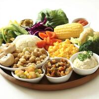 Vegetarier Mittagessen auf hölzern Teller mit Vielfalt auf Weiß Hintergrund. ai generativ foto