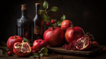 ai generativ ein immer noch Leben von Äpfel und Granatäpfel mit ein Flasche foto