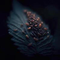 klein Insekt Kolonie kriecht auf dunkel Wald Blatt. ai generativ foto