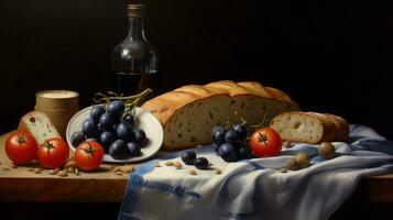 ai generativ ein Tabelle zeigt an Brot und Wein mit Tomaten im das Stil von dunkel Blau und Licht Beige foto
