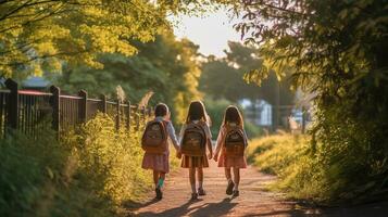 zwei jung Mädchen mit Rucksack Gehen Nieder ein Pfad halten Hände ai generativ foto