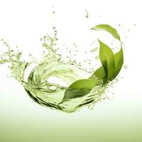 Grün Kräuter- Tee Welle Spritzen mit Blätter Fluss. ai generiert foto