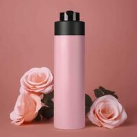 Amazonas Produkt Bild Körper waschen, Zylinder Flasche solide Farbe Rosa Hintergrund, mit Rosen, ai generativ foto