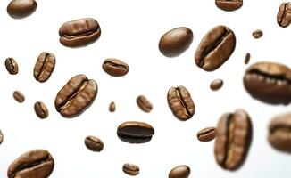 Kaffee Bohne fliegend auf Weiß Hintergrund, 3d Illustration. generativ ai foto
