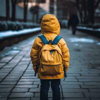 ai generativ ein klein Kind im ein Jacke Tragen ein Rucksack foto