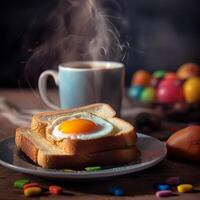 ai generativ gegrillt Brot und Tomate mit ein Ei auf ein Teller mit Kaffee foto