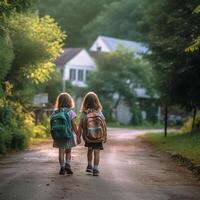 zwei jung Mädchen mit Rucksack Gehen Nieder ein Pfad halten Hände ai generativ foto