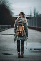 ein Person Stehen auf ein Bürgersteig mit ein Rucksack ai generativ foto