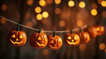 ein Zeichenfolge von Halloween Beleuchtung mit Jack'o Laternen hängend von Sie foto