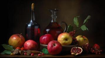 ai generativ ein immer noch Leben von Äpfel und Granatäpfel mit ein Flasche foto