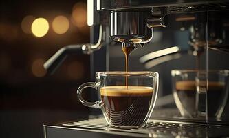 ein Fachmann Kaffee Maschine vorbereiten ein Espresso Kaffee im ein Glas Tasse, ai generativ foto