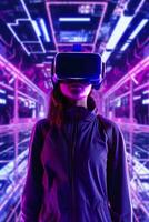 ein jung asiatisch Frau ist mit ein virtuell Wirklichkeit Headset. Neon- Licht Studio Porträt. Konzept von virtuell Wirklichkeit, Simulation, Spiele, und Zukunft Technologie. ai generativ foto