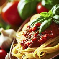 Spaghetti Soße mit Pasta, Basilikum Blätter, Knoblauch und frisch Tomaten mit extrem flach Tiefe von Feld. ai generativ foto