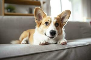 Schön, schlau, Ruhe reinrassig Corgi Hund Lügen auf auf Sofa im Leben Zimmer. generativ ai foto